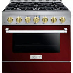 Forte 36" Freestanding All Gas Range - 6 Sealed Italian Made Burners, 4.5 cu. ft. Oven, Easy Glide Oven Racks - in Stainless Steel With Burgundy Door And Brass Knob (FGR366BBG)