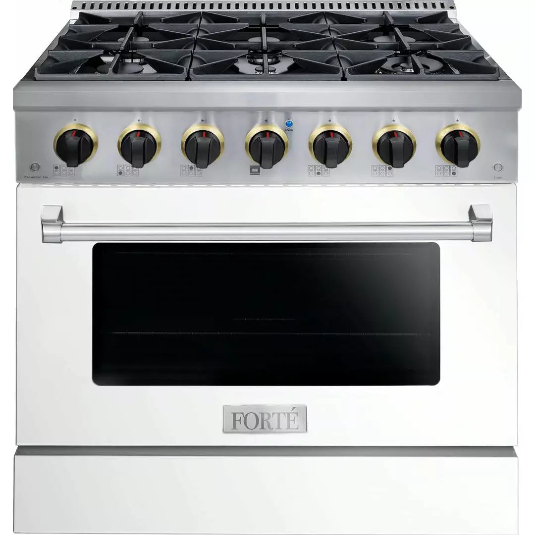 Forte 36" Freestanding All Gas Range - 6 Sealed Italian Made Burners, 4.5 cu. ft. Oven, Easy Glide Oven Racks - in Stainless Steel With White Door And Black Knob (FGR366BWW2)