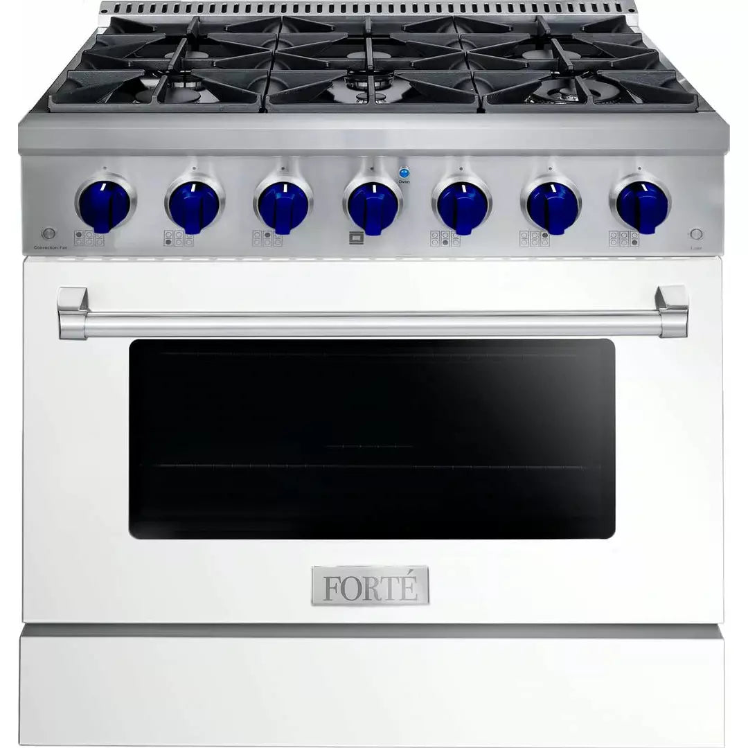 Forte 36" Freestanding All Gas Range - 6 Sealed Italian Made Burners, 4.5 cu. ft. Oven, Easy Glide Oven Racks - in Stainless Steel With White Door And Blue Knob (FGR366BWW3)