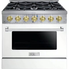 Forte 36" Freestanding All Gas Range - 6 Sealed Italian Made Burners, 4.5 cu. ft. Oven, Easy Glide Oven Racks - in Stainless Steel With White Door And Brass Knob (FGR366BWW4)
