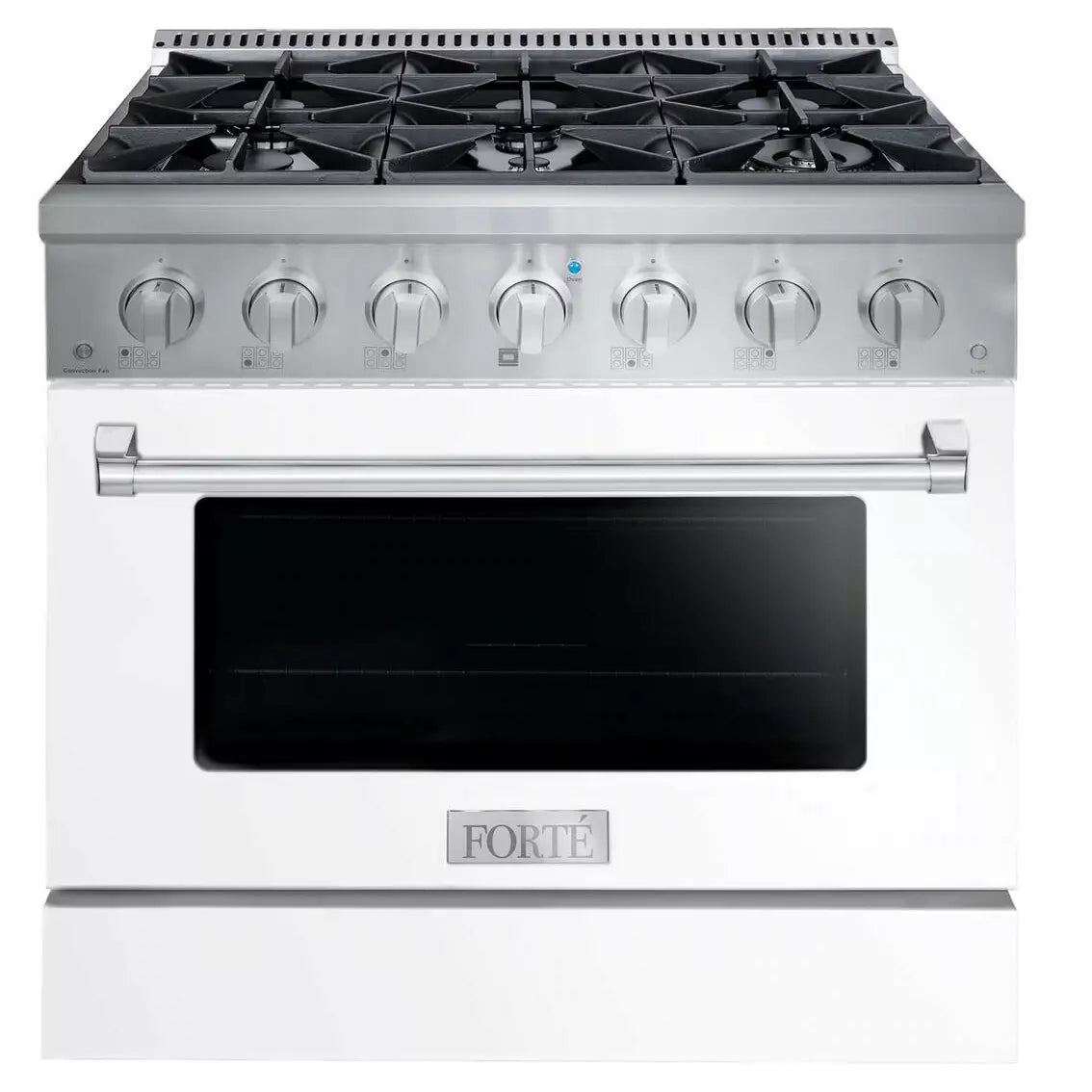 Forte 36" Freestanding All Gas Range - 6 Sealed Italian Made Burners, 4.5 cu. ft. Oven, Easy Glide Oven Racks - in Stainless Steel With White Door And Stainless Steel Knob (FGR366BWW)