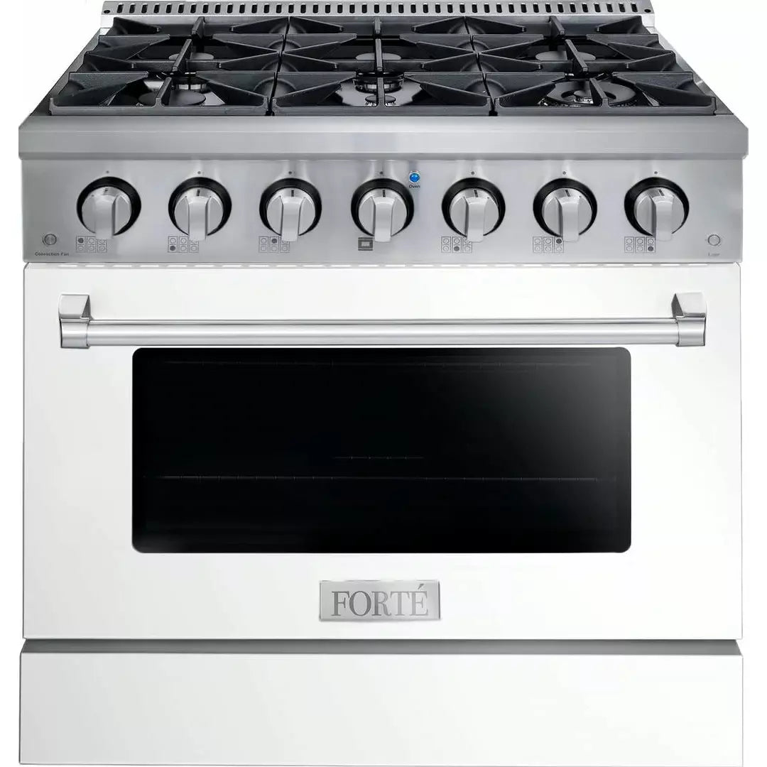 Forte 36" Freestanding All Gas Range - 6 Sealed Italian Made Burners, 4.5 cu. ft. Oven, Easy Glide Oven Racks - in Stainless Steel With White Door And Stainless Steel Knob (FGR366BWW)