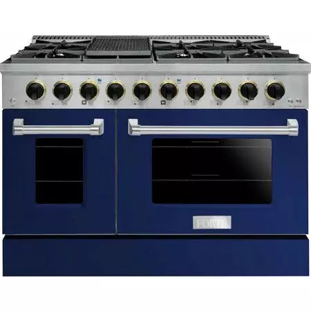 Forte 48" Freestanding All Gas Range - 8 Sealed Italian Made Burners, 5.53 cu. ft. Oven & Griddle - in Stainless Steel With Blue Door And Black Knob (FGR488BBL2)