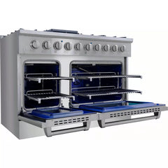 Forte 48" Freestanding All Gas Range - 8 Sealed Italian Made Burners, 5.53 cu. ft. Oven & Griddle - in Stainless Steel With Blue Door And Black Knob (FGR488BBL2)
