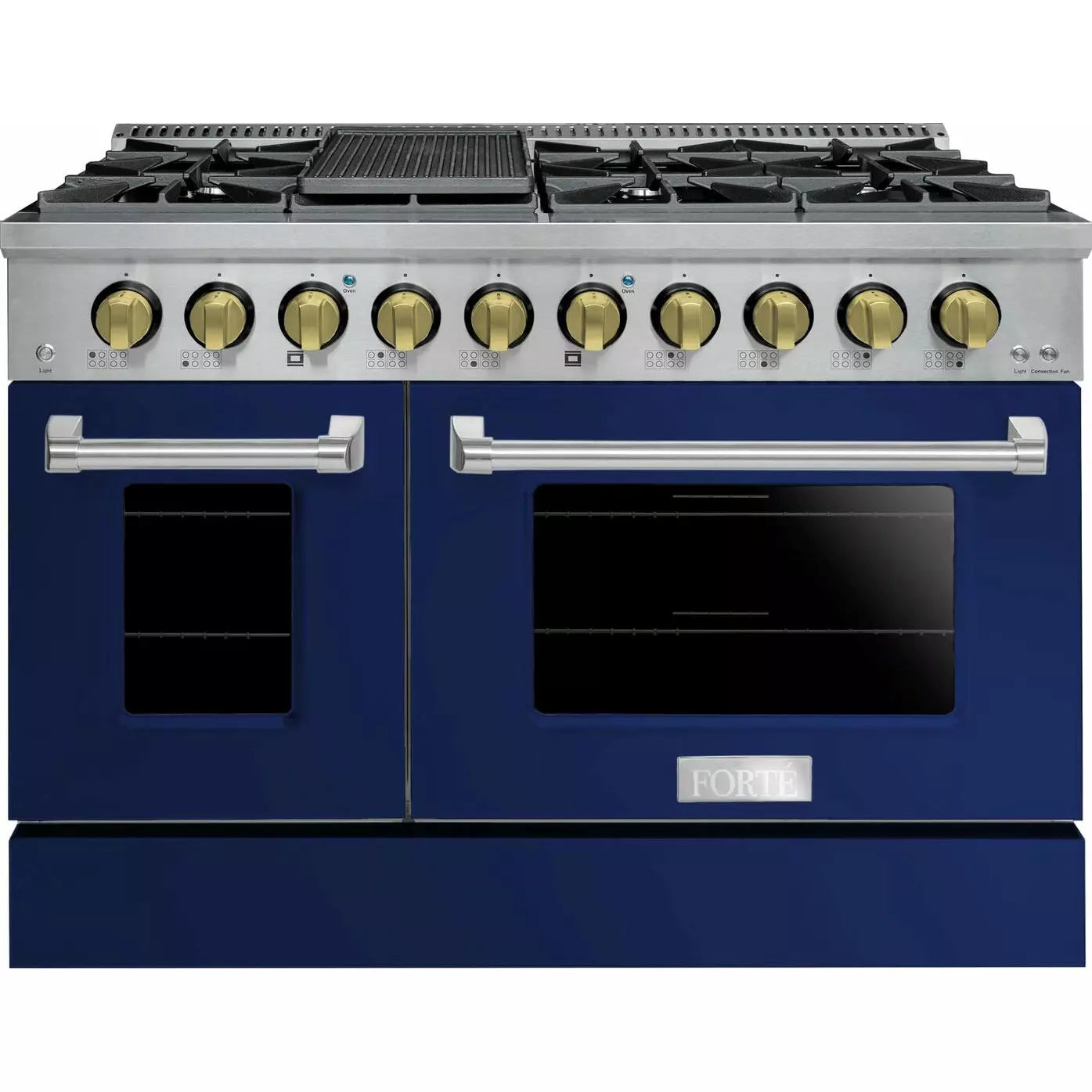 Forte 48" Freestanding All Gas Range - 8 Sealed Italian Made Burners, 5.53 cu. ft. Oven & Griddle - in Stainless Steel With Blue Door And Brass Knob (FGR488BBL4)