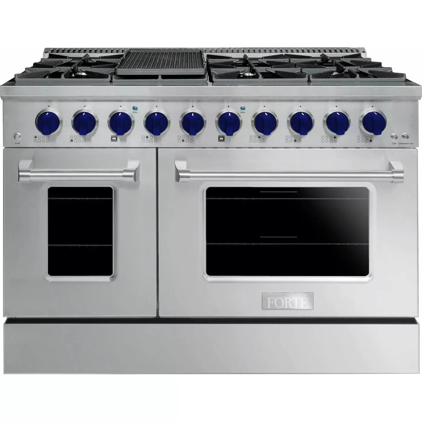Forte 48" Freestanding All Gas Range - 8 Sealed Italian Made Burners, 5.53 cu. ft. Oven & Griddle - in Stainless Steel With Blue Knob (FGR488BSS3)