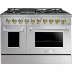 Forte 48" Freestanding All Gas Range - 8 Sealed Italian Made Burners, 5.53 cu. ft. Oven & Griddle - in Stainless Steel With Brass Knob (FGR488BSS4)