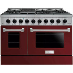 Forte 48" Freestanding All Gas Range - 8 Sealed Italian Made Burners, 5.53 cu. ft. Oven & Griddle - in Stainless Steel With Burgundy Door And Black Knob (FGR488BBG2)