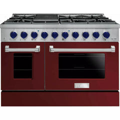 Forte 48" Freestanding All Gas Range - 8 Sealed Italian Made Burners, 5.53 cu. ft. Oven & Griddle - in Stainless Steel With Burgundy Door And Blue Knob (FGR488BBG3)