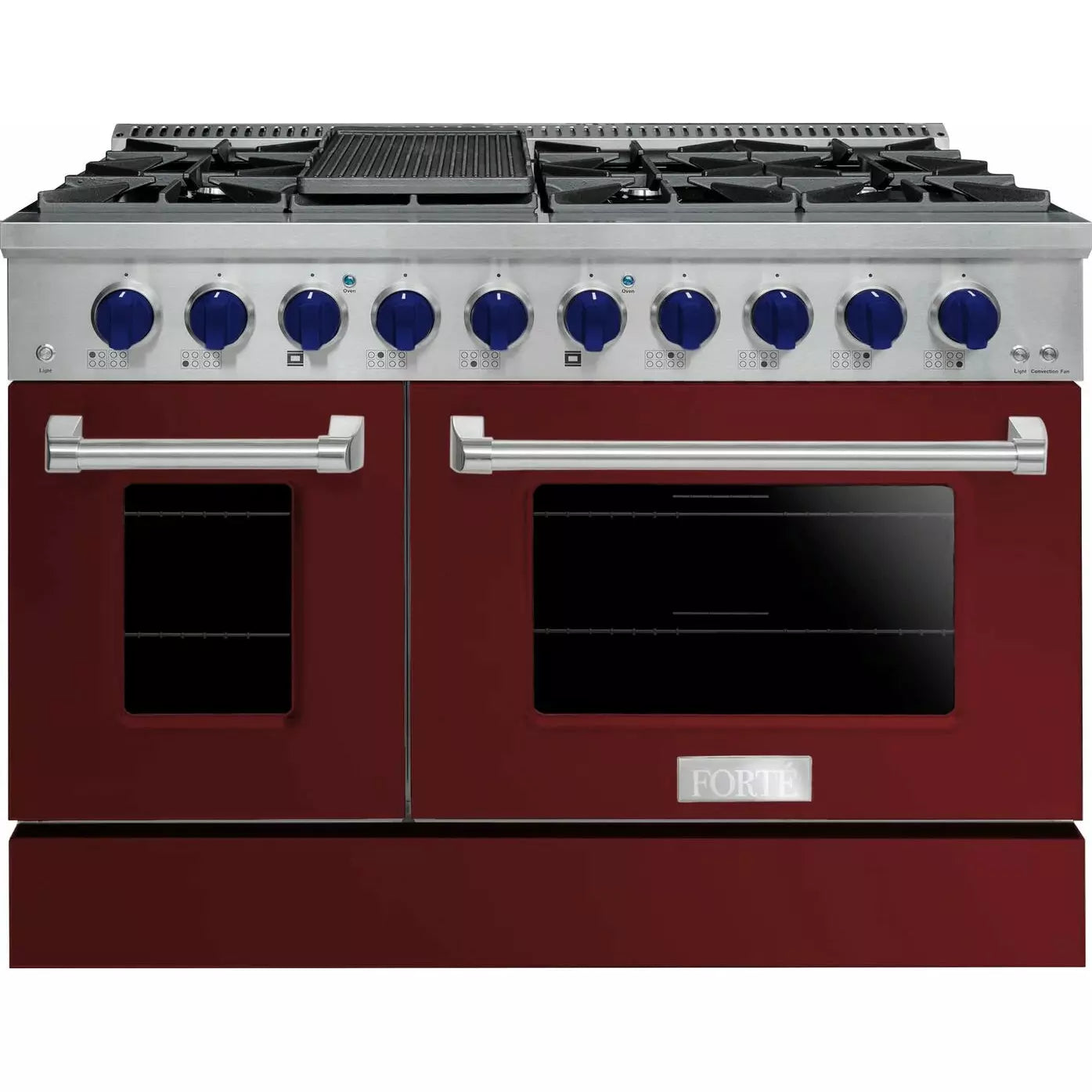Forte 48" Freestanding All Gas Range - 8 Sealed Italian Made Burners, 5.53 cu. ft. Oven & Griddle - in Stainless Steel With Burgundy Door And Brass Knob (FGR488BBG4)