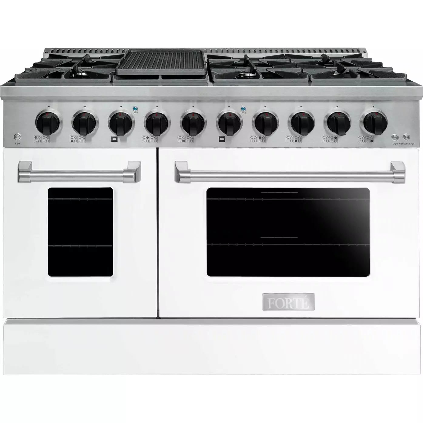 Forte 48" Freestanding All Gas Range - 8 Sealed Italian Made Burners, 5.53 cu. ft. Oven & Griddle - in Stainless Steel With White Door And Black Knob (FGR488BWW2)