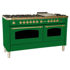 Hallman 60 in. Double Oven Duel Fuel Italian Range, LP Gas, Brass Trim - HDFR60BSLP