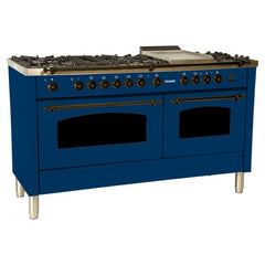 Hallman 60 in. Double Oven Duel Fuel Italian Range, LP Gas, Bronze Trim - HDFR60BZLP