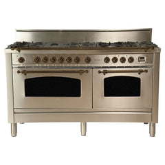 Hallman 60 in. Double Oven Duel Fuel Italian Range, LP Gas, Bronze Trim - HDFR60BZLP