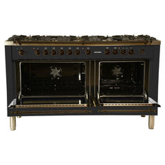 Hallman 60 in. Double Oven Duel Fuel Italian Range, LP Gas, Bronze Trim - HDFR60BZLP