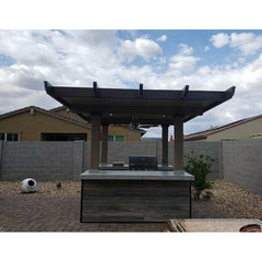 KoKoMo BBQ Island with Pergola 4 Burner BBQ Grill Wood Siding and Fan - Baja-Wood-Siding-Top - The Home Selection
