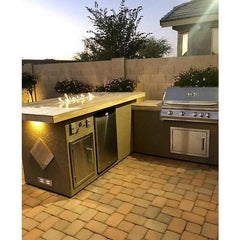 KoKoMo Island with Firepit, 4 Burner BBQ, and Outdoor Rated Refrigerator - Baja-Fire - The Home Selection
