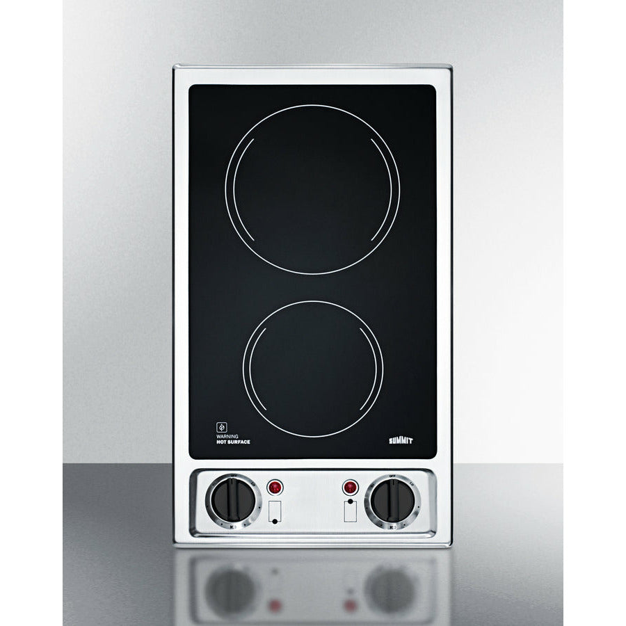 Summit 12" Wide 115V 2-Burner Radiant Cooktop with 2 Elements, Hot Surface Indicator, ADA Compliant, ETL Safety Listed, Glass Ceramic Surface, Push-to-Turn Knobs - CR2B120