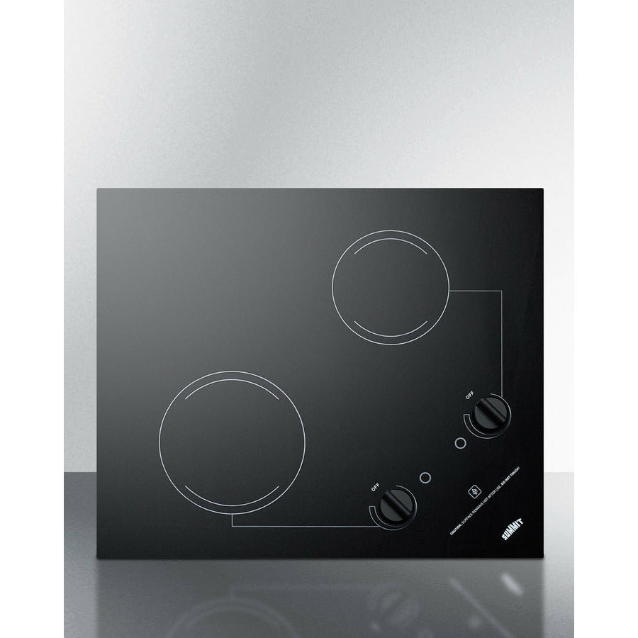 Summit 21" Wide 230V 2-Burner Radiant Cooktop with 2 Elements, Hot Surface Indicator, ADA Compliant, ETL Safety Listed, Glass Ceramic Surface, Push-to-Turn Knobs, ETL, Residual Heat Indicator Light in Black - CR2B223G