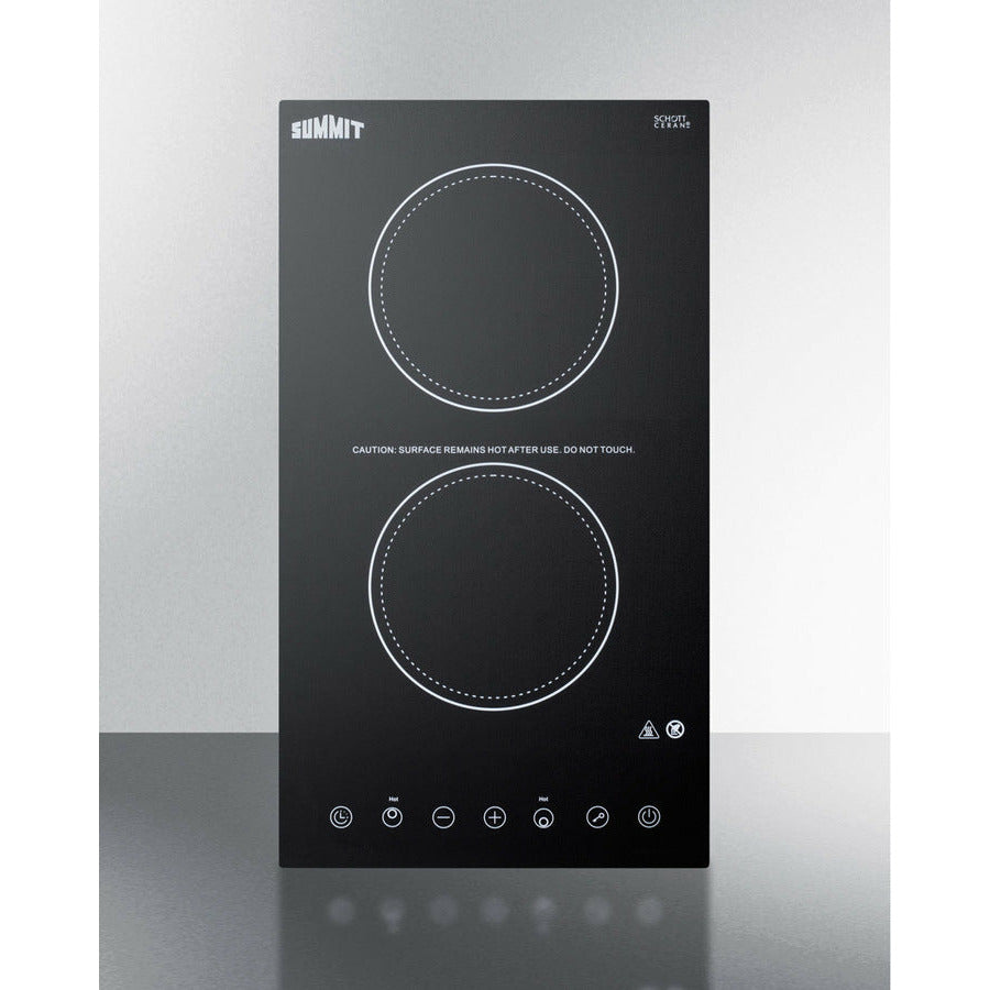 Summit 12" Wide 115V 2-Burner Radiant Cooktop with 2 Elements, Hot Surface Indicator, ADA Compliant, ETL Safety Listed, Schott Ceran Glass, Residual Heat Indicator Light, Digital Touch Controls - CR2B15T