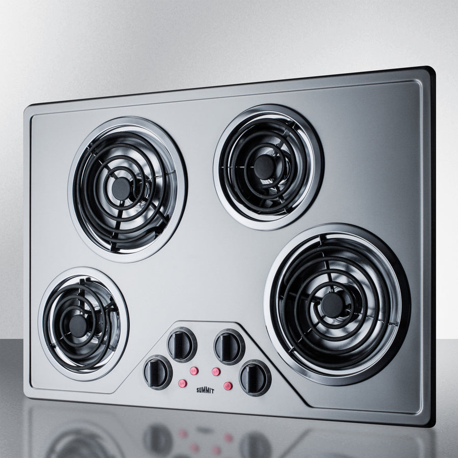 Summit 30" Wide 230V 4-Burner Coil Cooktop  with 4 Elements, Hot Surface Indicator, ADA Compliant, Push-to-Turn Knobs in Stainless Steel - CR430SS