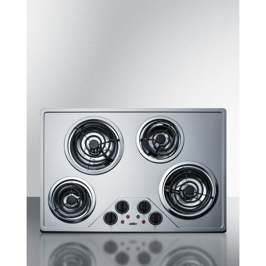 Summit 30" Wide 230V 4-Burner Coil Cooktop  with 4 Elements, Hot Surface Indicator, ADA Compliant, Push-to-Turn Knobs in Stainless Steel - CR430SS