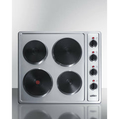 Summit 24" Electric Smoothtop Style Cooktop with 4 Elements, Push-to-Turn Knobs in Stainless Steel - CSD4B24