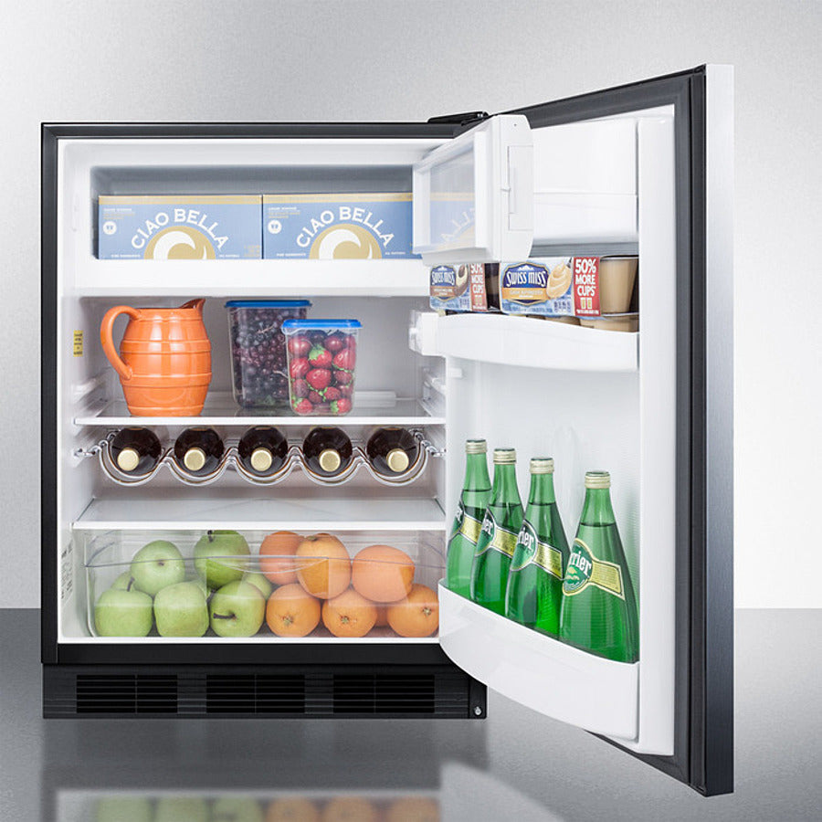 Summit 24" Wide Refrigerator-Freezer with 5.1 cu. ft. Capacity, 2 Glass Shelves, Right Hinge, Crisper Drawer, Cycle Defrost, Cycle Defrost, Adjustable Glass Shelves, Adjustable Thermostat, CFC Free - CT663BKSSH