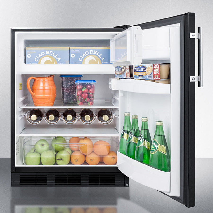 Summit 24" Wide Built-In Refrigerator-Freezer, ADA Compliant with 5.1 cu. ft. Capacity, 2 Glass Shelves, Crisper Drawer, Cycle Defrost, ADA Compliant, CFC Free, Wine Shelf, Slim undercounter dimensions - CT663BKBI