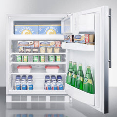 Summit 24" Wide Refrigerator-Freezer with 5.1 cu. ft. Capacity, 2 Wire Shelves, Right Hinge, with Door Lock, Crisper Drawer, Cycle Defrost, CFC Free, Factory Installed Lock, Adjustable Shelves, Adjustable Thermostat - CT66LWSSH