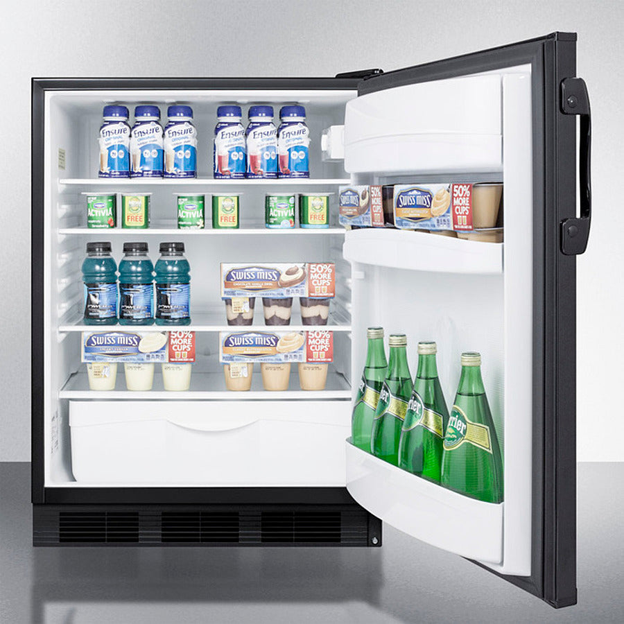 Summit 24" Freestanding Counter Depth Compact Refrigerator with 5.5 cu. ft. Capacity, 3 Glass Shelves, Right Hinge with Reversible Doors, Crisper Drawer, Automatic Defrost Adjustable Glass Shelves, CFC Free - FF6BK