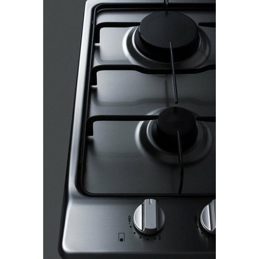 Summit 12" Wide 2-Burner Gas Cooktop with 2 Sealed Sabaf Burners, Continuous Cast Iron Grates, Stainless Steel Surface, Push-to-Turn Knob - GC22SS