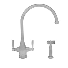 WHITEHAUS Queenhaus Dual Handle Faucet with Long Gooseneck Spout, Lever Handles and Solid Brass Side Spray - WHQN-34650-PN