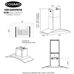 Cosmo 36" Ductless Wall Mount Range Hood in Stainless Steel with Push Button Controls, LED Lighting and Carbon Filter Kit for Recirculating - COS-668WRC90-DL