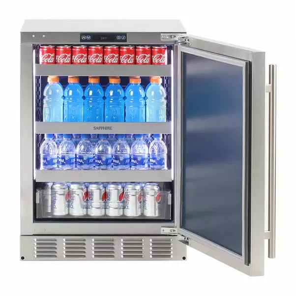 Sapphire 24" Outdoor Refrigerator Stainless Steel Door, with 5.1 cu. ft. Capacity, 3 Wire Shelves, with Door Lock, Automatic Defrost Star-K Certification, Signature Sapphire Blue Interior - SR24-OD - The Home Selection