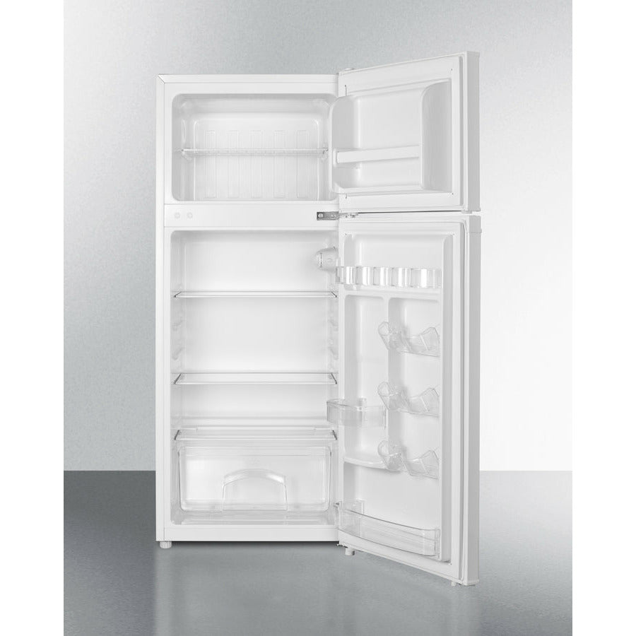 Summit 19" Wide Refrigerator-Freezer with 4.5 cu. ft. Total Capacity, 2 Glass Shelves with Reversible Doors, Crisper Drawer, Cycle Defrost, ADA Compliant - CP72W - The Home Selection