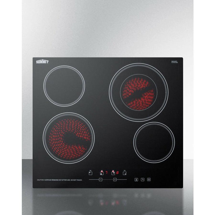 Summit 24" Wide 230V 4-Burner Radiant Cooktop w/ 4 Elements, Hot Surface Indicator, ADA Compliant, ETL Safety Listed, Schott Ceran Glass, Residual Heat Indicator Light, Digital Touch Controls - CR4B23T - The Home Selection