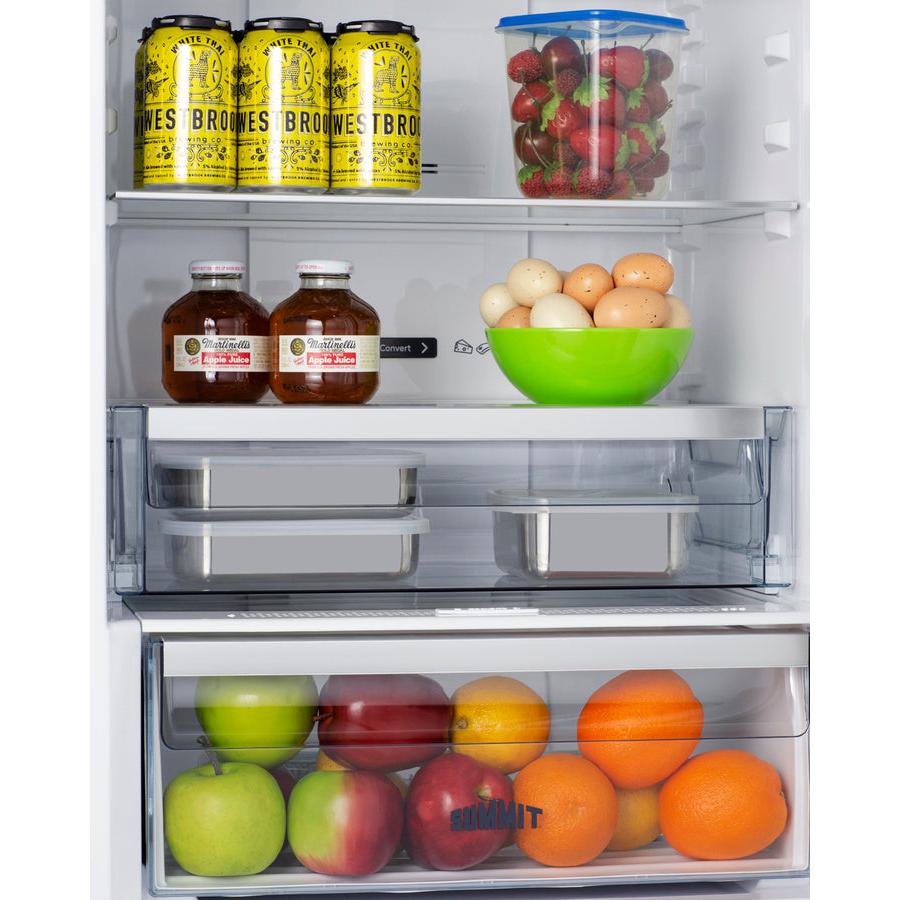 Summit 24" Wide Bottom Freezer Refrigerator with 10.6 cu. ft. Total Capacity, 3.5 cu. ft. Freezer Capacity, 3 Glass Shelves, Crisper Drawer, Right Hinge, Frost Free Defrost, Energy Star Certified, Adjustable Glass Shelves - FFBF249SS2 - The Home Selection