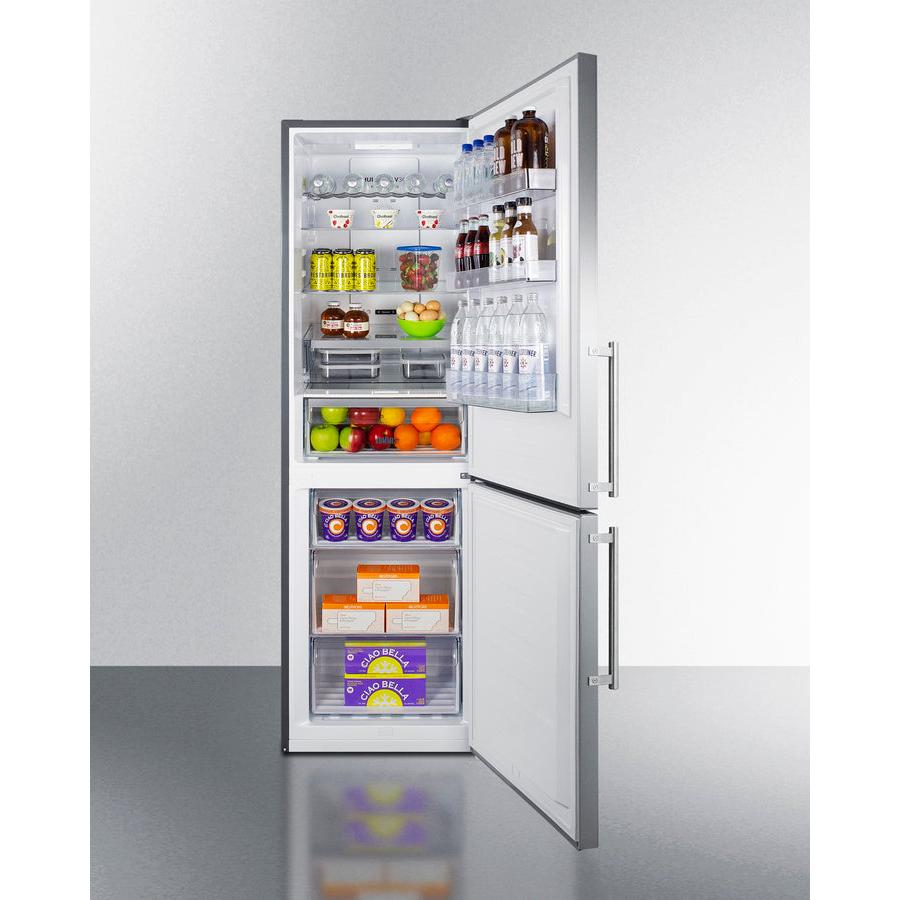 Summit 24" Wide Bottom Freezer Refrigerator with 10.6 cu. ft. Total Capacity, 3.5 cu. ft. Freezer Capacity, 3 Glass Shelves, Crisper Drawer, Right Hinge, Frost Free Defrost, Energy Star Certified, Adjustable Glass Shelves - FFBF249SS2 - The Home Selection