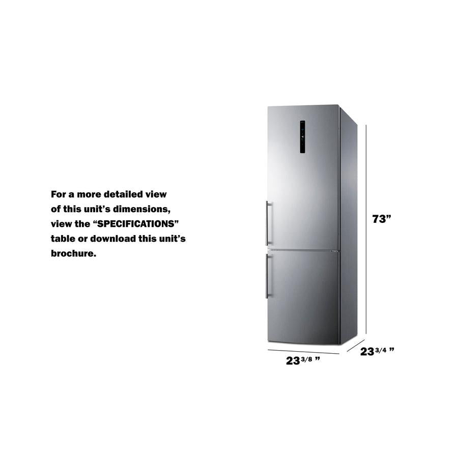 Summit 24" Wide Bottom Freezer Refrigerator with 10.6 cu. ft. Total Capacity, 3.5 cu. ft. Freezer Capacity, 3 Glass Shelves, Crisper Drawer, Right Hinge, Frost Free Defrost, Energy Star Certified, Adjustable Glass Shelves - FFBF249SS2 - The Home Selection