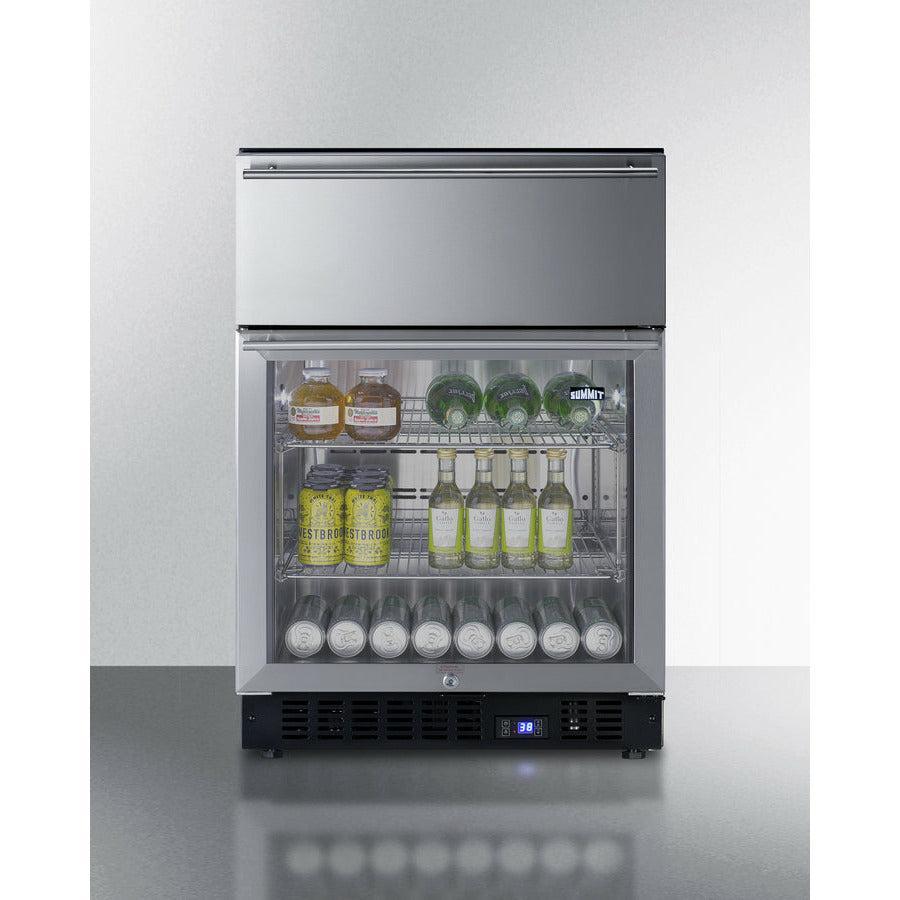 Summit 24" Wide Built-In Commercial Beverage Refrigerator With 4.76 cu. ft. Capacity, Top Drawer, Cantilevered Chrome Shelves, Double-Pane Tempered Glass Door - SCR615TD - The Home Selection