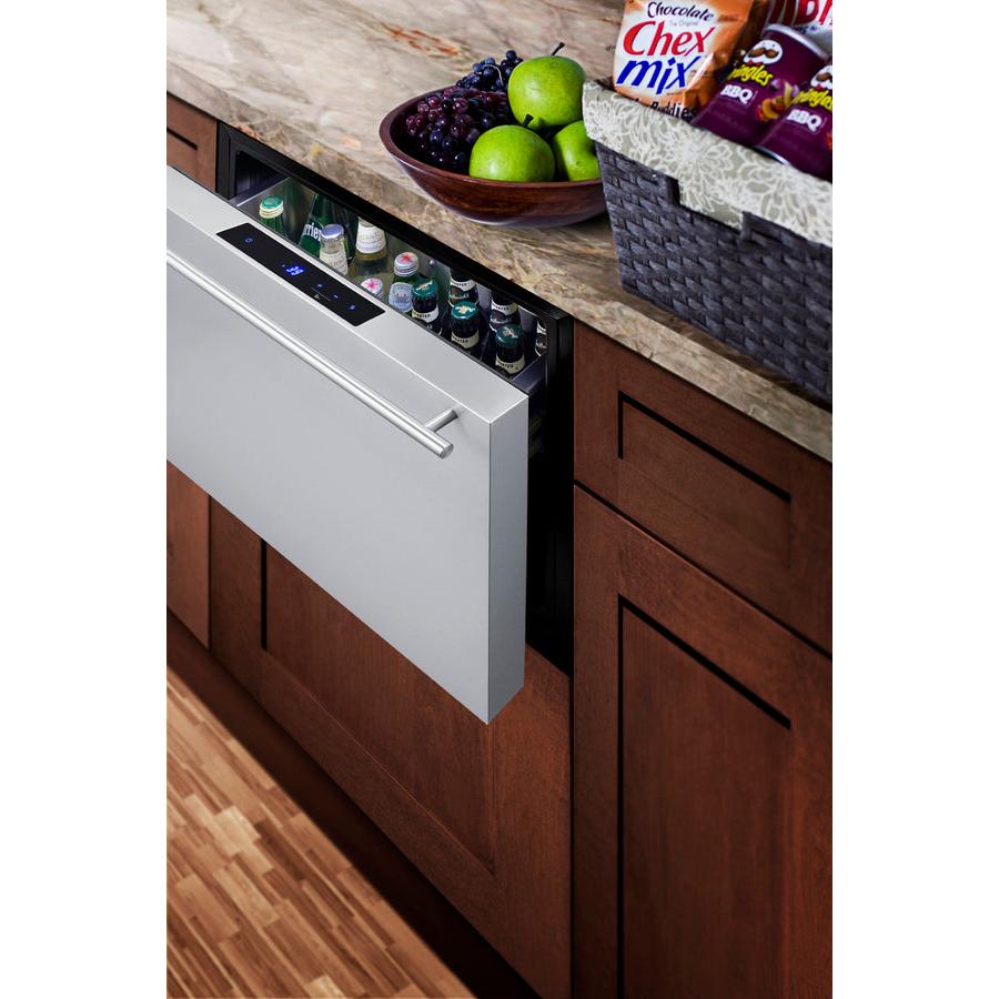 Summit 24" Wide Built-In Outdoor Drawer Refrigerator with 2 cu. ft. Capacity, Frost Free Defrost, Frost-Free Operation, CFC Free, Commercially Approved, Child Lock, Temperature Memory Function, Right-Angle Plug, Sealed Back - SDR241OS - The Home Selection