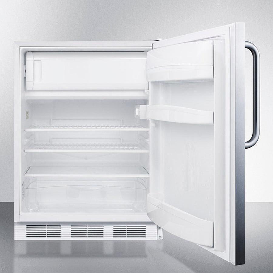 Summit 24" Wide Built-In Refrigerator-Freezer, ADA Compliant with 5.1 cu. ft. Capacity, 2 Wire Shelves, Right Hinge, with Door Lock, Crisper Drawer, Cycle DefrostFactory Installed Lock, Adjustable Shelves, CFC Free, Adjustable Thermostat - CT66LW - The Home Selection