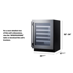 Summit 24" Wide Built-In Wine Cellar, ADA Compliant with 33 Bottle Capacity, Right Hinge, Glass Door, With Lock, 6 Extension Wine Racks, Digital Control, LED Light, Compressor Cooling, Factory Installed Lock, CFC Free, Sabbath Mode - ASDW2412 - The Home Selection