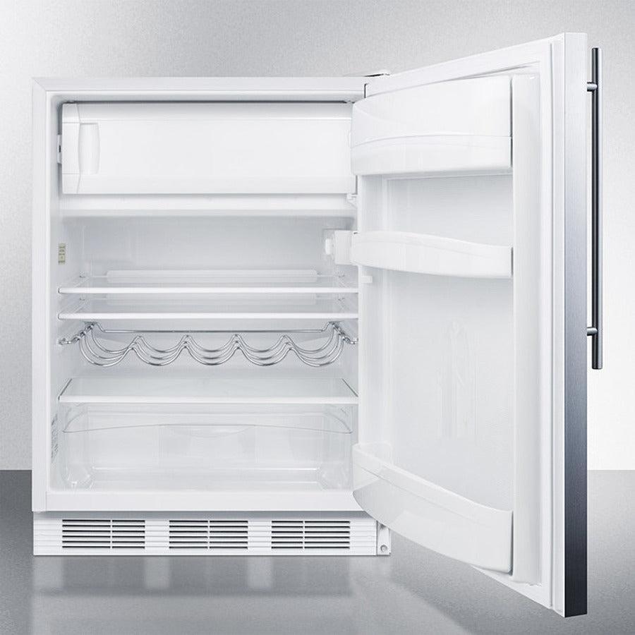 Summit 24" Wide Refrigerator-Freezer, ADA Compliant with 5.1 cu. ft. Capacity, 2 Glass Shelves, Right Hinge with Reversible Doors, Crisper Drawer, Cycle Defrost, ADA Compliant, Adjustable Glass Shelves, Adjustable Thermostat, CFC Free - CT661WSSH - The Home Selection