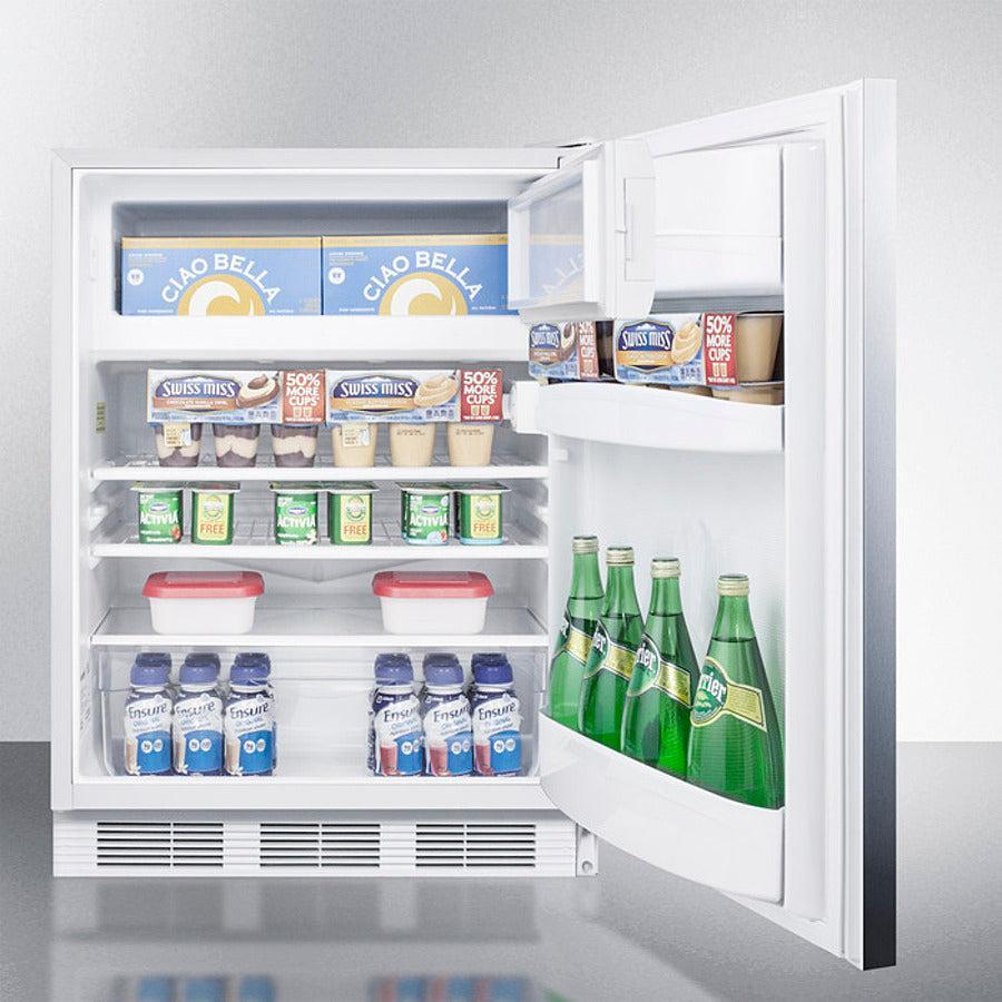 Summit 24" Wide Refrigerator-Freezer, ADA Compliant with 5.1 cu. ft. Capacity, 2 Wire Shelves, Right Hinge, with Door Lock, Crisper Drawer, Cycle Defrost, ADA Compliant, Factory Installed Lock, Adjustable Shelves, CFC Free - CT66LWSSH - The Home Selection