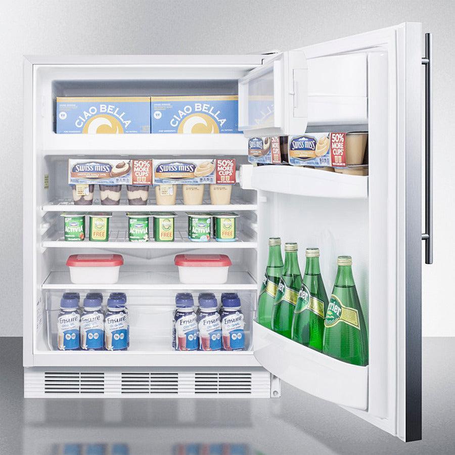 Summit 24" Wide Refrigerator-Freezer, ADA Compliant with 5.1 cu. ft. Capacity, 2 Wire Shelves, Right Hinge, with Door Lock, Crisper Drawer, Cycle Defrost, ADA Compliant, Factory Installed Lock, Adjustable Shelves, CFC Free - CT66LWSSH - The Home Selection