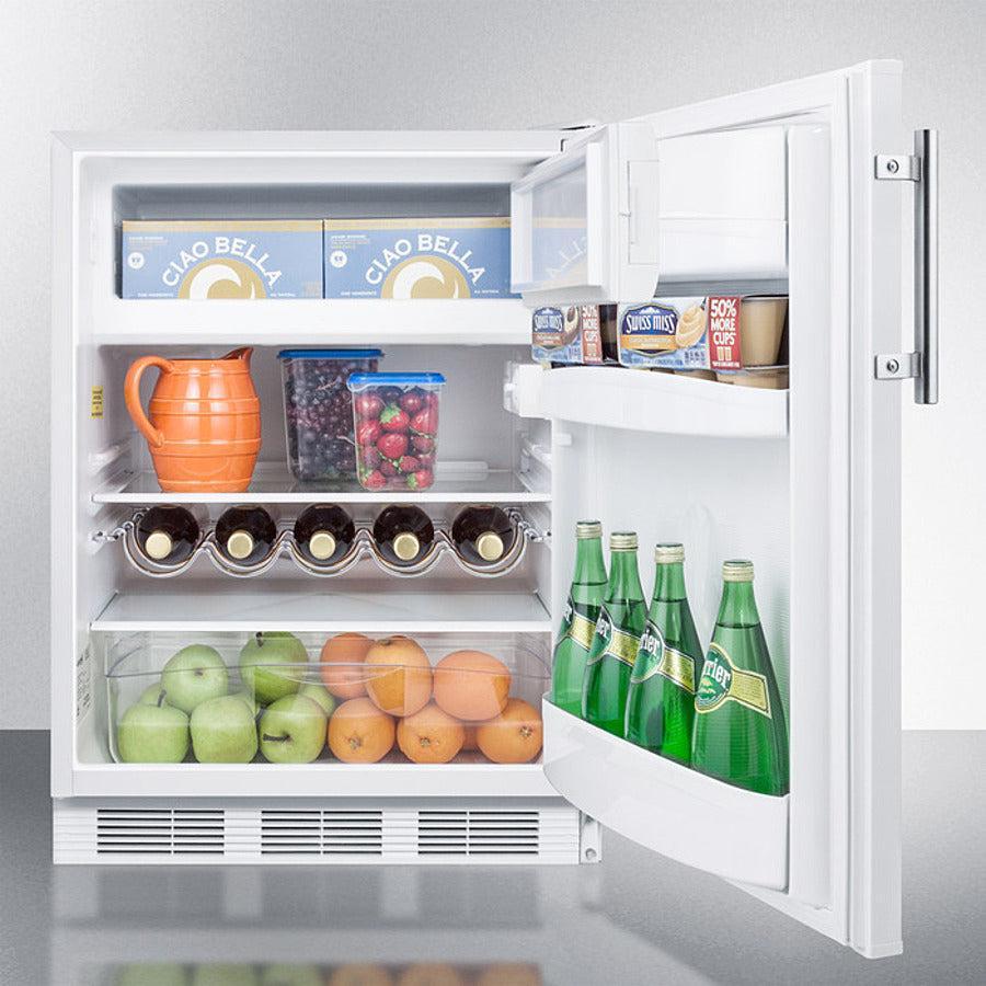 Summit 24" Wide Refrigerator-Freezer with 5.1 cu. ft. Capacity, 2 Glass Shelves, Right Hinge with Reversible Doors, Crisper Drawer, Cycle Defrost, CFC Free, Adjustable Glass Shelves, Adjustable Thermostat - CT661W - The Home Selection