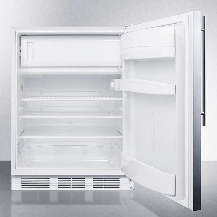 Summit 24" Wide Refrigerator-Freezer with 5.1 cu. ft. Capacity, 2 Wire Shelves, Right Hinge, with Door Lock, Crisper Drawer, Cycle Defrost, CFC Free, Factory Installed Lock, Adjustable Shelves, Adjustable Thermostat - CT66LWSSH - The Home Selection