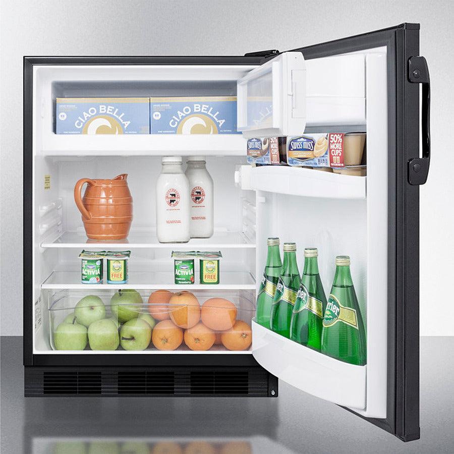 Summit 24" Wide Refrigerator-Freezer with 5.1 cu. ft. Capacity, 3 Glass Shelves, Right Hinge with Reversible Doors, Crisper Drawer, Cycle Defrost, CFC Free, Adjustable Thermostat, Dual Evaporator Cooling - CT66BK - The Home Selection